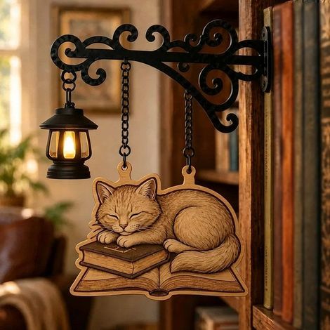 Lampe étagère chat LED veilleuse vintage métal, déco murale 23x25x6 cm, ambiance douce (1/5)