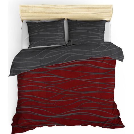 Parure de lit - 1 housse de couette 220 x 240 cm + 2 taies d'oreiller 60 x 60 cm - 65 % coton, 35 % polyester - Rouge (1/5)
