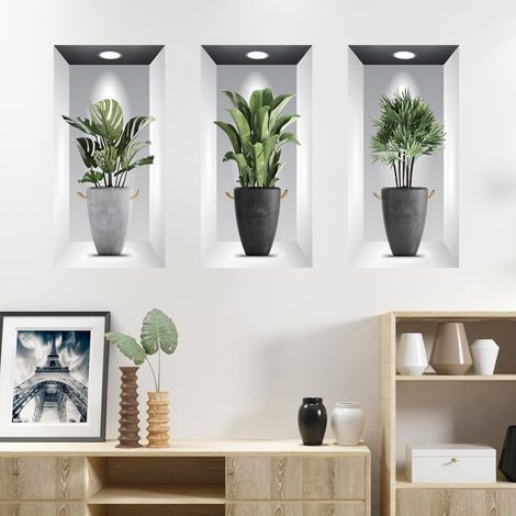 Lot de 3 autocollants muraux 3D imperméables forme de plante verte pour salon, chambre, salle de bain, cuisine, bureau (60 x 30 cm) (1/5)