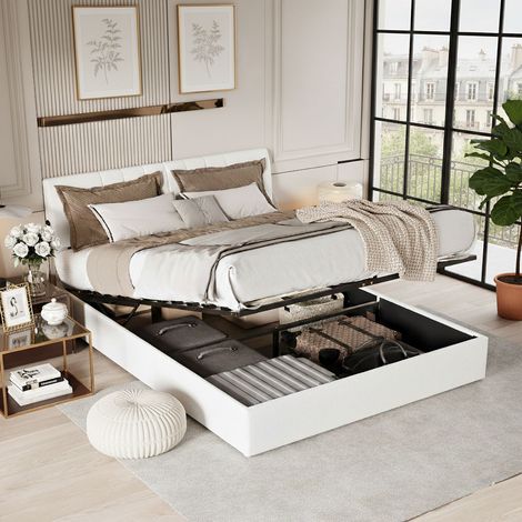 Lit coffre 140x190 avec sommier à lattes et 2 USB,lits double capitonné avec tête de lit réglable en hauteur et rangement caché, cadre de lit en bois,sans matelas, beige