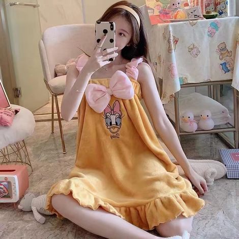 Robe de bain femme avec bretelles, douce et absorbante, idéale pour la maison - Modèle jaune (1/5)