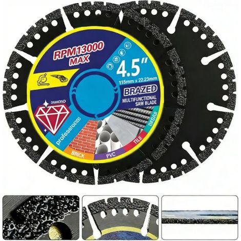 Disque diamant 4,5 pouces – Paquet de 2 – Pour coupe à sec métal, carrelage, pierre, plastique – Épaisseur 1,2 mm – Compatible meuleuses d'angle (1/5)