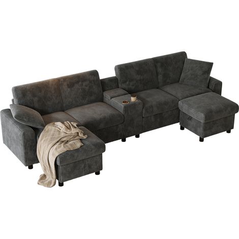 Meubles Cosy U-Shaped Corduroy Sofa with 2 Storage Ottomans, Side Table, USB & Power Charging Ports, Dark Grey