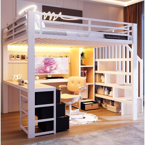 Letto a soppalco per bambini 140 x 200 cm in metallo e MDF con scrivania, cassetti e LED bianca (1/5)