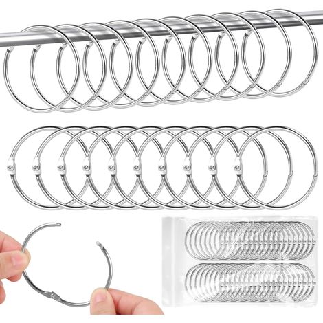 Lot de 40 anneaux de rideau en métal argenté, ouverture de 50 mm, pour tringles à rideaux de salle de bain et de chambre à coucher (1/5)