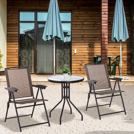 Outsunny Ensemble de Jardin 3 pièces 2 chaises inclinables Multi-Positions Pliables + Table Ronde Verre trempé métal textilène Chocolat