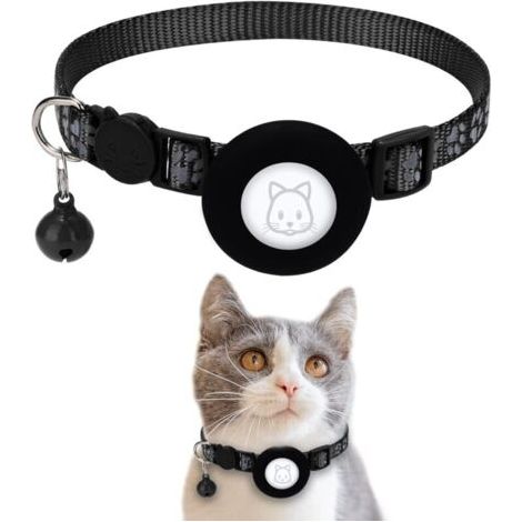 Airtag Apple Air Tag Collier pour chat avec boucle de sécurité et cloche, collier réfléchissant pour chat de 1 cm de large avec support Airtag pour chats, chiots, chatons (noir)-- (1/5)