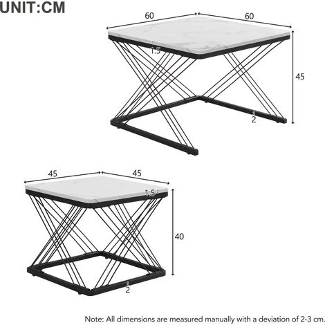 MEUBLIV Juego de 2 mesas de centro 60x60x45 cm blanco y negro con patas ajustables (1/5)