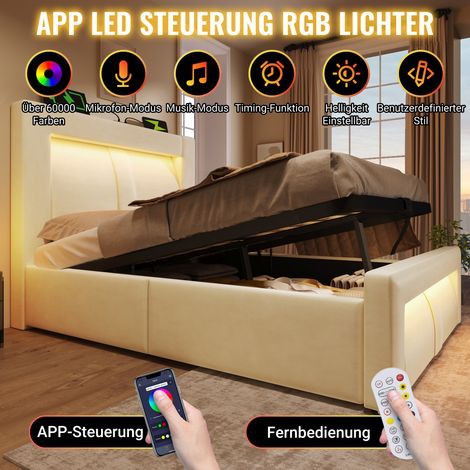 Lit 1 place 90x200 cm, coffre de rangement intégré, sommier relevable à vérin, éclairage LED pilotable via appli, ports USB-C et USB, housse en velours, tête de lit arrondie, couleur sable, matelas fo (1/5)