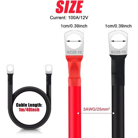 2 pièces Câbles de batterie 1M 3WAG/25mm² 12V Câble de batterie pour voiture Batterie de voiture Câble en cuivre avec bornes SC25-10 Rouge et Noir Câbles en cuivre pour camion, moto, solaire (1/4)