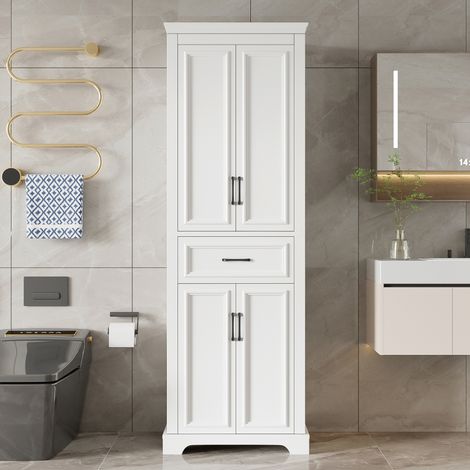 Armoire de salle de bain haute 60x40x180 cm, surface laquée, étagères réglables, tiroirs coulissants, double porte, dispositif anti-basculement, poignées noires, charnières à fermeture douce, blanche. (1/5)