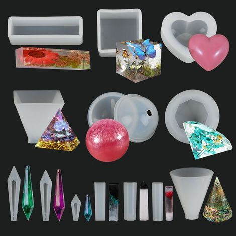 13 Pièces Moule Resine Silicone,Moulle Silicone Resine Epoxy Cristal Cercles,Cubes,Pyramides,pour Silicone Coulée d'oreilles Pendentifs Bijoux (1/5)