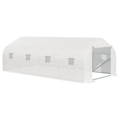royaluxe -Outsunny Serre Tunnel de Jardin 18 m² dim. 5,95L x 3l x 2H m Porte + 8 fenêtres enroulables Acier galvanisé bâche PE Haute densité Blanc (1/5)