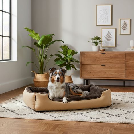 belviona Hundebett mit kuscheligem Wendekissen, pflegeleicht & rutschfest, gemütlicher Schlafplatz, 90x70 cm, beige/braun (1/5)