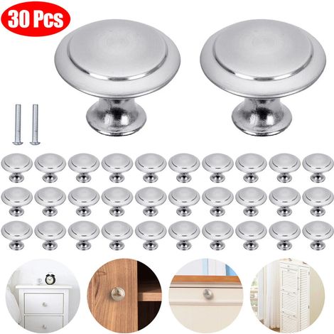 30 pomelli per mobili, diametro 30 mm, in acciaio inox, adatti per pomelli di armadi, cassetti e porte - colore argento. (1/5)