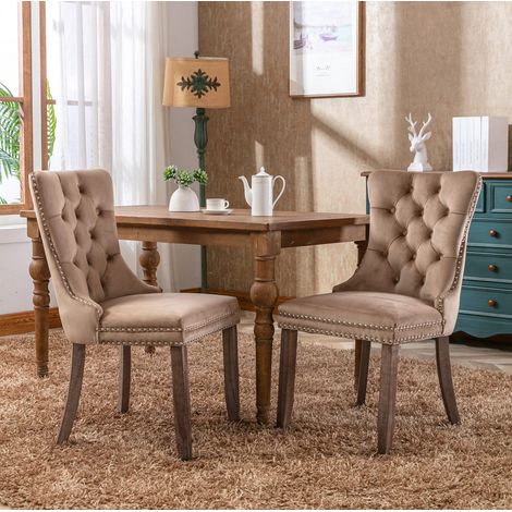 Silla comedor tapizada con respaldo alto y madera caqui OKMYHOME (1/5)