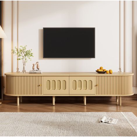 TV-Lowboard 180 x 40 x 40 cm aus MDF in heller Holzoptik mit Rattan-Design, für TVs bis 75 Zoll (1/5)