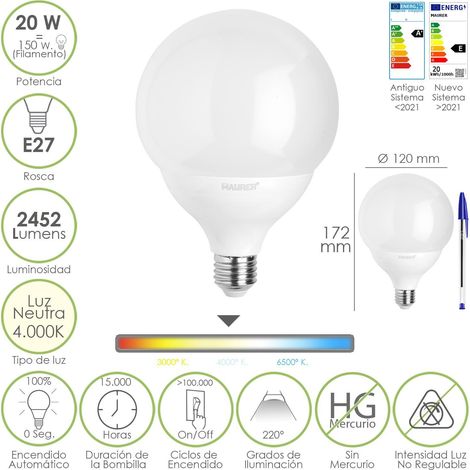 bombilla led globo e27. 20 watt. equivale a 150 watt. 2452 lumenes. luz neutra 4000º k.
