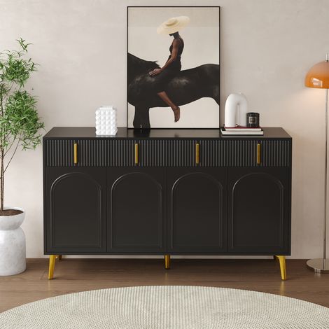 Buffet 140x37.8x82cm - avec 4 portes, 4 tiroirs, poignées et pieds dorés - stratifié amovible - Noir (1/5)