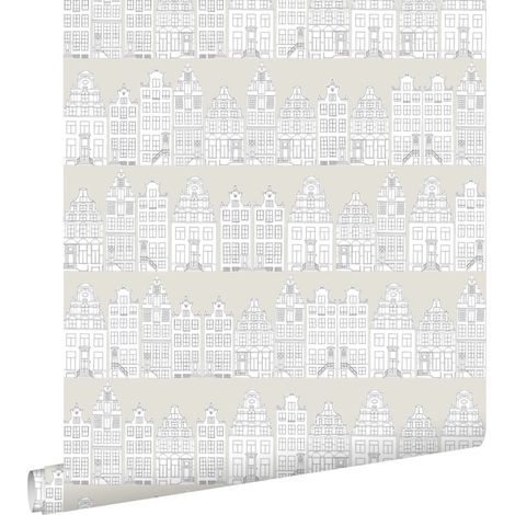 papier peint maisons bordant les canaux d'Amsterdam dessinées gris clair - ESTAhome (1/5)