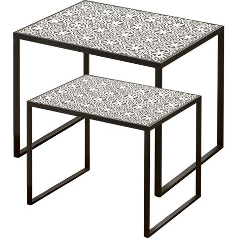 2er Set Beistell Wohn Zimmer Tische Schwarz Weiß Muster Ornamente Boltze 7406100 (1/3)