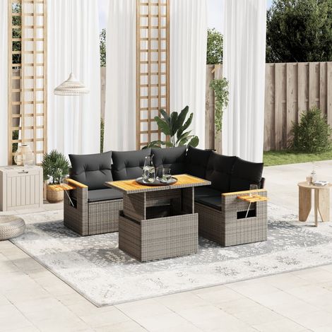 Salon de Jardin 6 Pièces en Résine Tressée Gris avec Coussins et Table à Hauteur Réglable (1/3)