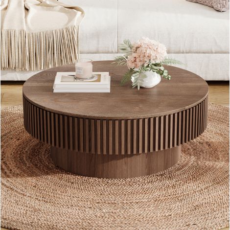 Mesa de centro redonda con almacenamiento oculto Ø 75 cm en MDF y madera, nogal DESVIAE (1/5)