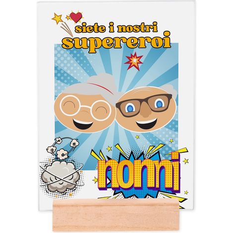 Lupia - Portafoto Targa 15x20 cm NONNI SUPEREROI con protezione in Vetro e supporto da tavolo in legno, senza Cornice, Idea Regalo con Scatola e poster grafica per la festa dei nonni (1/4)