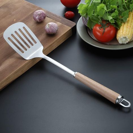 Spatule à wok ajourée avec long manche en hêtre, ustensiles en acier inoxydable 304, spatule à wok ajourée de 14,8 pouces pour wok. (1/5)