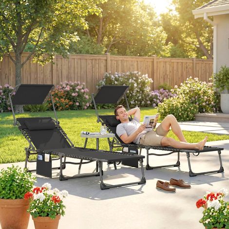 Set de 2 Tumbonas Plegables con Reposacabezas Parasol Bolsillo Lateral y Respaldo Reclinable en 5 Posiciones Negro (1/5)