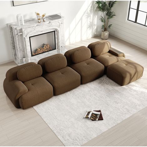 Divano angolare modulare marrone in velluto a coste con chaise longue, senza montaggio e base antiscivolo (1/5)