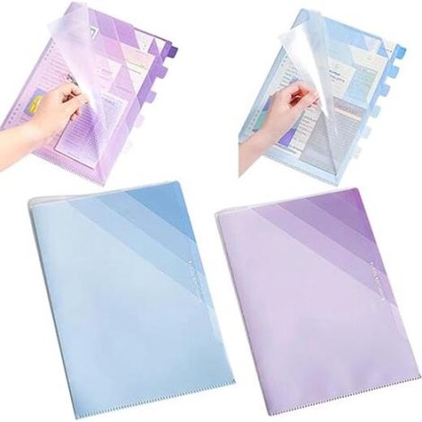 Carpeta con compartimentos, Juego de 2 piezas, Con 6 compartimentos, Carpeta de plástico resistente para documentos, Portátil, Azul y morado (1/5)