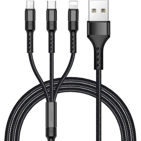 Câble Multi USB, 3 en 1 Multi Chargeur USB Câble en Nylon Tressé avec Micro USB Type C Connecteurs pour Samsung,Huawei (Noir) (1/4)