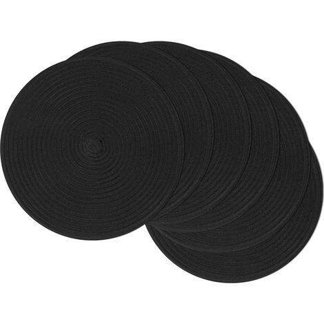 Paquete de 6 manteles individuales redondos tejidos de 38 cm (15 pulgadas), mezcla de algodón y poliéster, lavables y resistentes al calor (negro). (1/5)