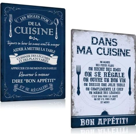 Murale Decoration Cuisine en Plaque Metal Vintage - Pancarte avec Citation Française - Règles d'or de la Cuisine - TAILLE A4 (1/5)