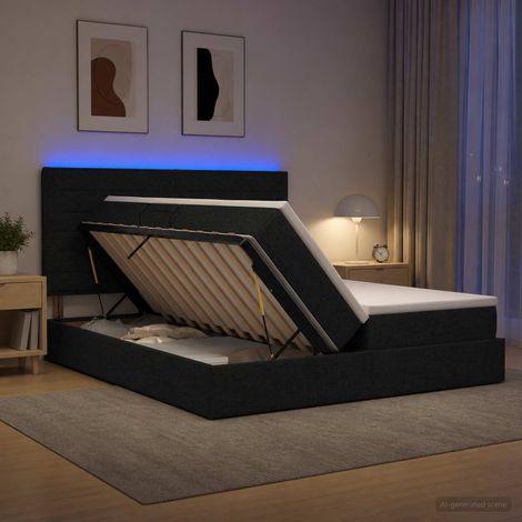 vidaXL Letto con contenitore LED e materasso Nero 180 x 200 cm Tessuto (1/5)