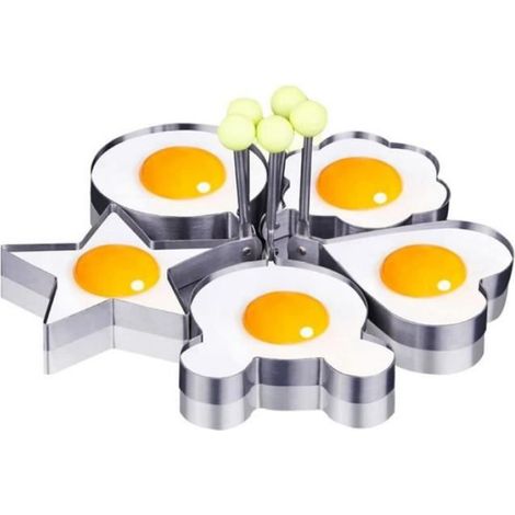 Moule À Omelette - Acier Inoxydable - 5 Formes (Étoile Cœur Rond Fleurs Mickey) - Poignée Antibrûlure - Diamètre 7 Cm - Lot De 5 (1/4)