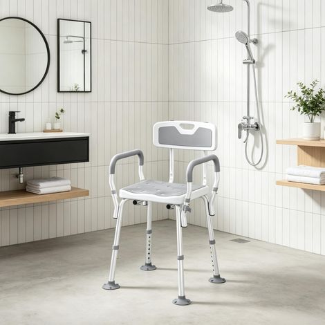 Silla de ducha ajustable en 6 alturas con respaldo y reposabrazos, blanco y gris claro, OKMYHOME (1/5)
