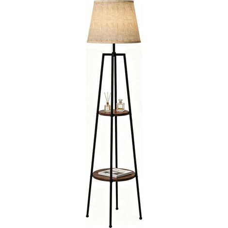 Lámpara de pie moderna con estantes integrados, trípode de metal y MDF, negra y marrón (1/5)