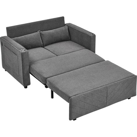 Canapé-lit 2 places 3-en-1, grand, élégant et minimaliste, de luxe léger, design coulissant transformable, charge USB, parfait pour la sieste, Gris foncé