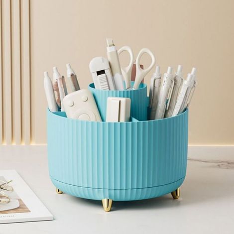 Porte-Stylo Rotatif - 360 Degres - Bureau Maison Enfants - Plastique Bleu - 15 x 12,5 cm - 1 Unite (1/4)