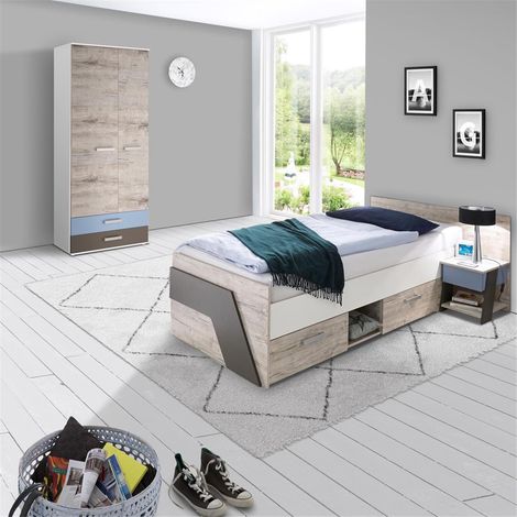 Jugendzimmer Set mit Bett 90x200 cm 3-teilig mit Kleiderschrank LEEDS-10 in Sandeiche Nb. mit weiß, Lava und Denim Blau (1/5)