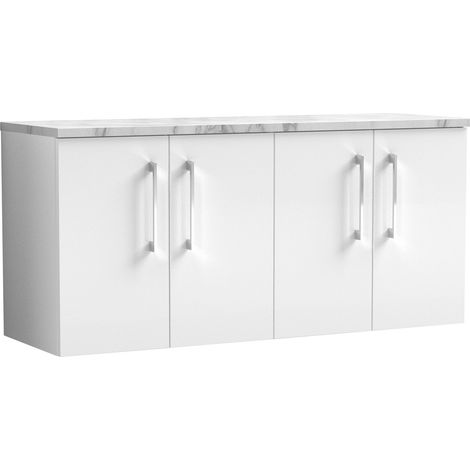 Balterley Bramshall 1200mm Wall Hung 4 Door Vanity Unit with Laminate Worktop for Spacious Contemporary Bathroom Storage Gloss White