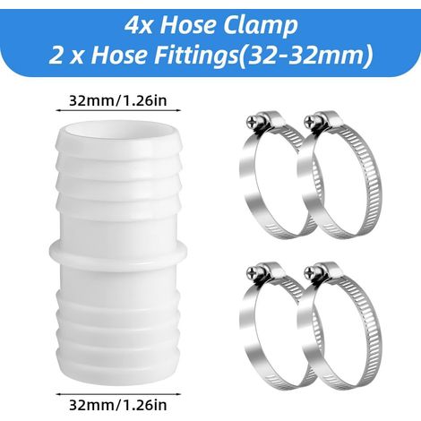 2PCS Raccord Tuyau Piscine, Raccord de Tuyau de 32 à 32 mm, Adaptateur de Tuyau de Piscine avec 4 Colliers de Serrage en Acier Inoxydable, Adaptateur de Tuyau Double, pour Piscine, Jardin (1/4)