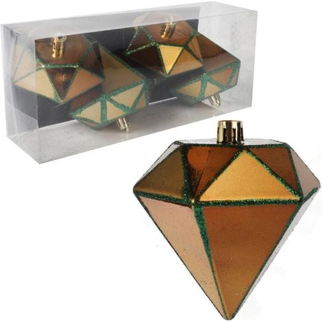 Set mit 4 goldfarbenen, rautenförmigen Kunststoffkugeln mit grünem Glitzer, 10 cm (1/4)