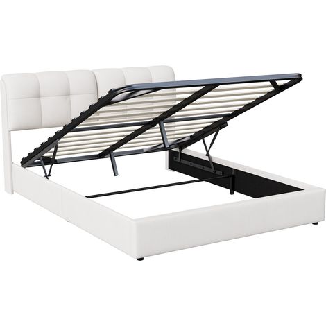 Dans Les Nuages – Lit coffre 140x200 cm avec rangement – Tête de lit LED et USB – Sommier à lattes en bois – Cadre métal capitonné velours beige