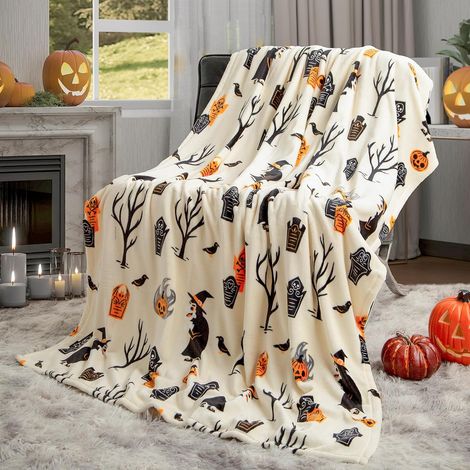 Couverture citrouille d'Halloween 127 x 152 cm - Couverture en laine imprimée chapeau de sorcière et toile d'araignée, ultra douce, chaude et confortable pour le canapé, décoration d'automne pour Hall (1/5)