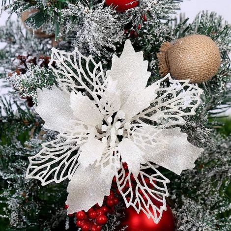 Lot de 10 fleurs artificielles pour sapin de Noël, décorations de sapin de Noël, fleurs artificielles de Noël pailletées pour décoration de mariage et de fête de Noël (6 unités, 11 cm) (1/5)