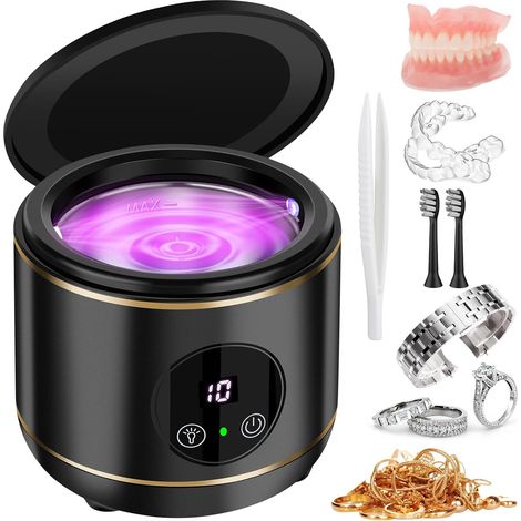 (Black) Nettoyeur à ultrasons U V pour prothèses, Machine de nettoyage à ultrasons pour prothèses protège dents aligneurs têtes brosse dispositif de nettoyage à ultrasons pour tous appareils