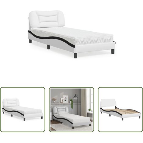 Matelas en mousse - Lit avec matelas Hvar blanc et noir 90x200 cm similicuir (1/5)